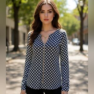 Michael Kors Black White Houndstooth Chain Neck Blouse Size M